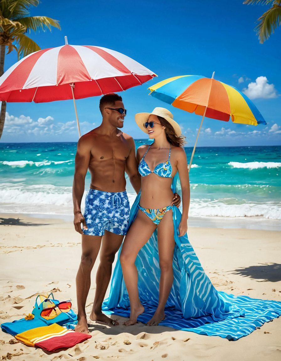 A whimsical beach scene showcasing a stylish couple engaging in intimate, playful moments, surrounded by vibrant beach accessories like colorful towels and playful umbrellas. Incorporate chic fashion elements, like vibrant swimsuits and sunglasses, to reflect their playful adventure. Add a backdrop of sparkling waves and a clear blue sky to enhance the joyful atmosphere., super-realistic. vibrant colors.