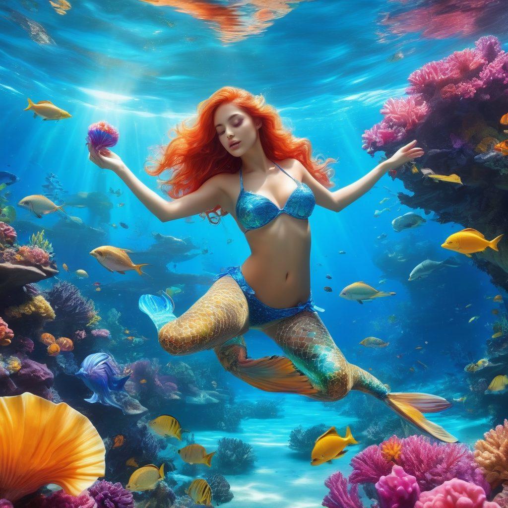 An enticing underwater scene showcasing a beautiful mermaid lounging on a coral reef surrounded by colorful, playful dolphins. The mermaid holds a variety of luxurious sensual toys in one hand while wearing a dazzling bikini that sparkles with sea-shell patterns. The background features an array of vibrant marine life and soft sunlight filtering through the surface of the water, creating an atmosphere of blissful pleasure. super-realistic. vibrant colors. underwater exploration.